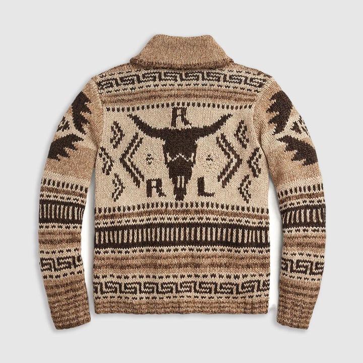 Bekväm och tidlös aztec mönstrad herrkofta i stickad design, idealisk för casual höstmode.