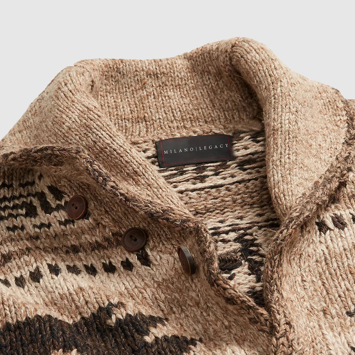 Mönstrad aztec herr cardigan, varm stickad kofta för en snygg vinterstil och bekväm vardag.