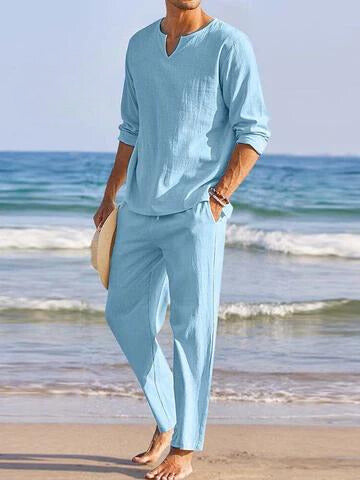 Herrarnas bekväma skjort- och byxset i avslappnad stil. Perfekt löst sittande vår- och sommaroutfit för män.