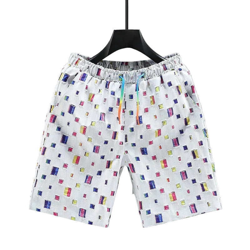 Herrarnas färgglada slitna jeansshorts, perfekta för sommarens casual stil. Bekväma festivalshorts.