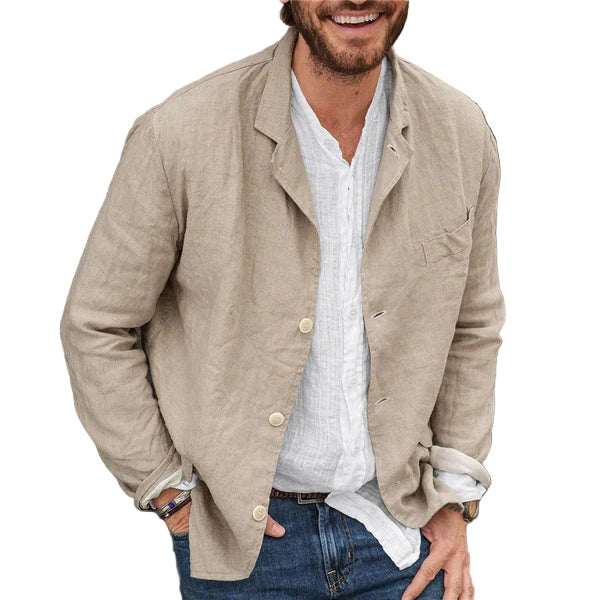 Herrarnas lätta casual jacka i bomull-linneblandning, perfekt för vår och höst. Bekväm vardagsstil.