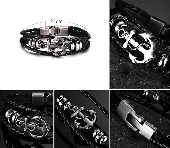 Stilfullt läderarmband med ankare på en herrhandsled, visar upp en marin och modern look.