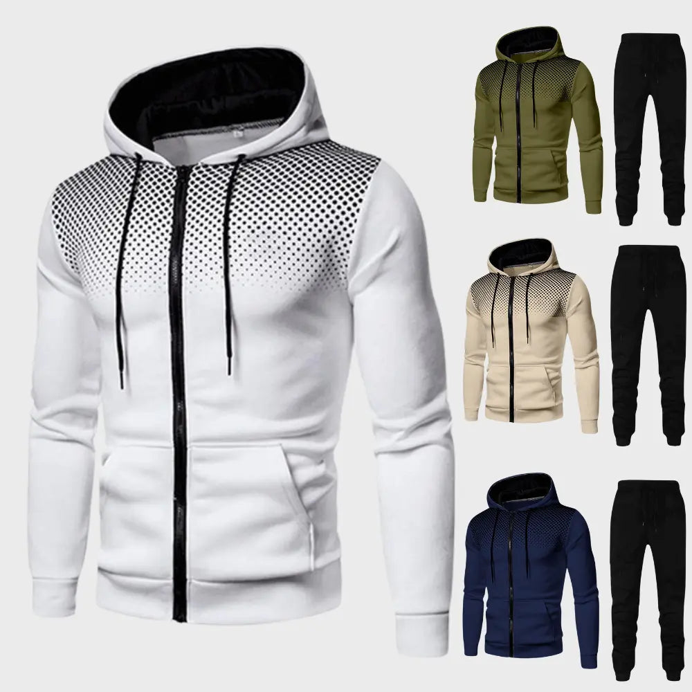 Detaljbild av herrhoodie från träningssetet, visar mjukt material och passform.