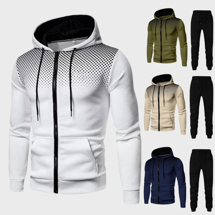 Detaljbild av herrhoodie från träningssetet, visar mjukt material och passform.