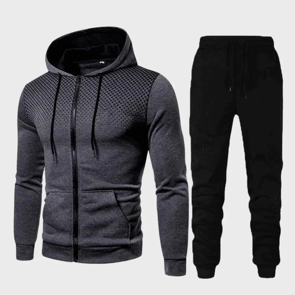 Herrträningsset med zip hoodie och matchande joggingbyxor, idealiskt för aktiv livsstil.