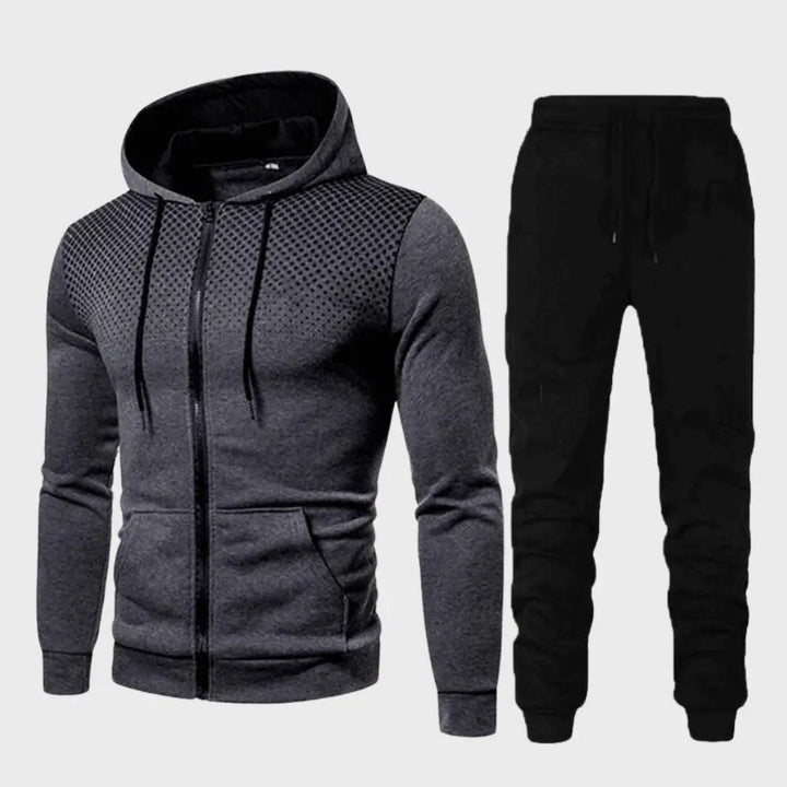 Herrträningsset med zip hoodie och matchande joggingbyxor, idealiskt för aktiv livsstil.