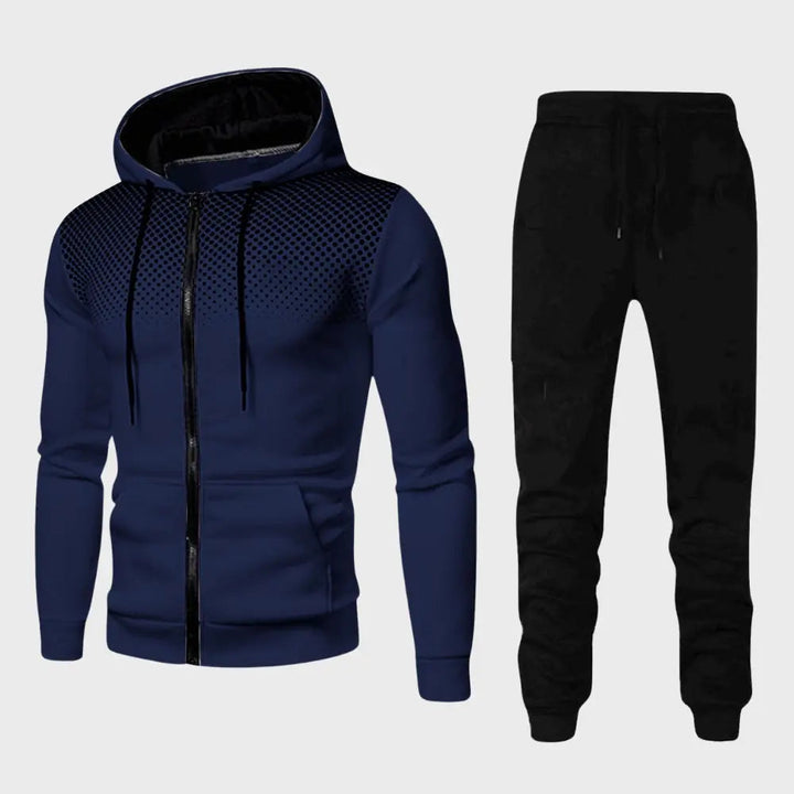 Sportig herrkläder: Träningsset med hoodie och joggingbyxor i tidlös design.