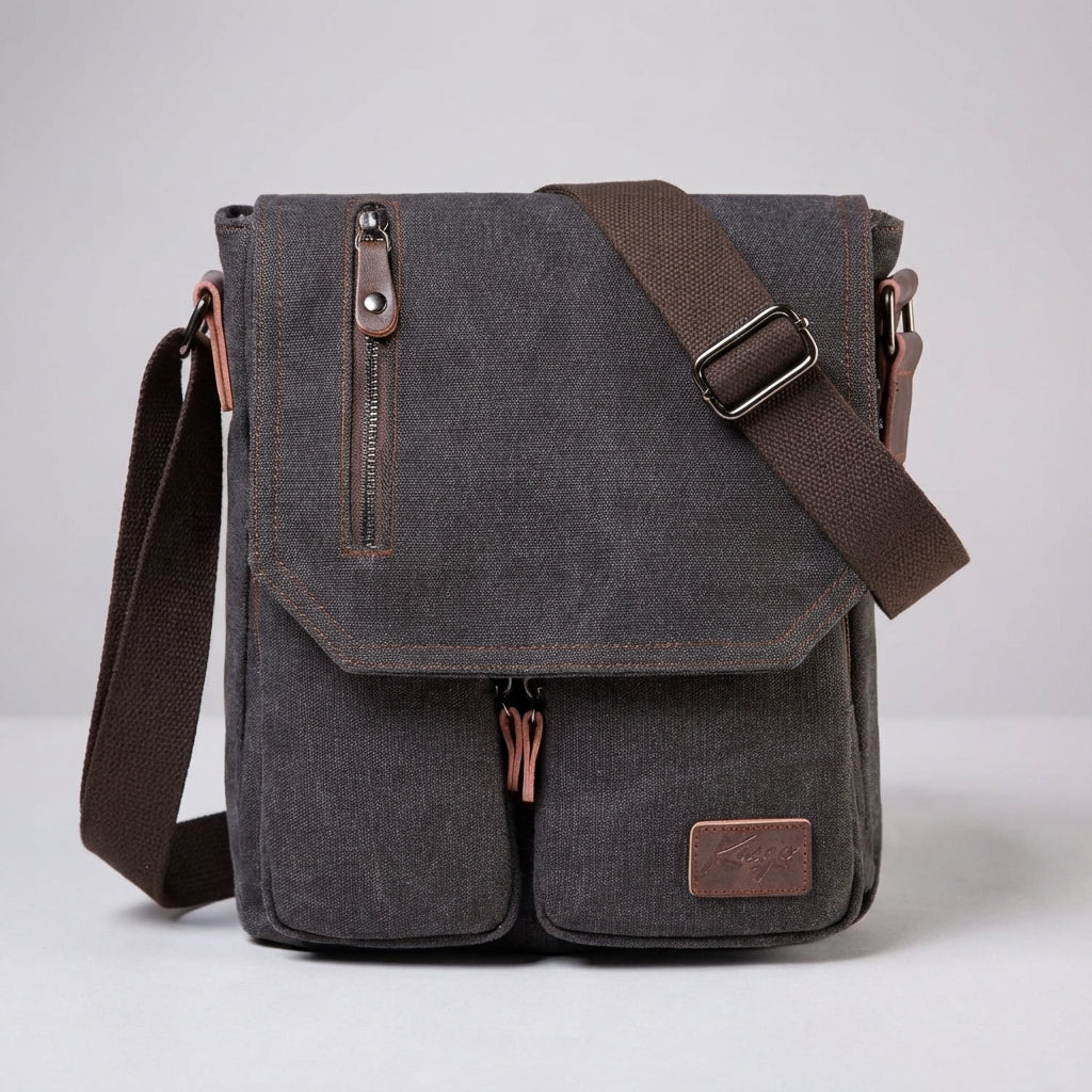 Klassisk vintage messenger-väska för män. Slitstark canvas & rymlig för vardagsbehov.