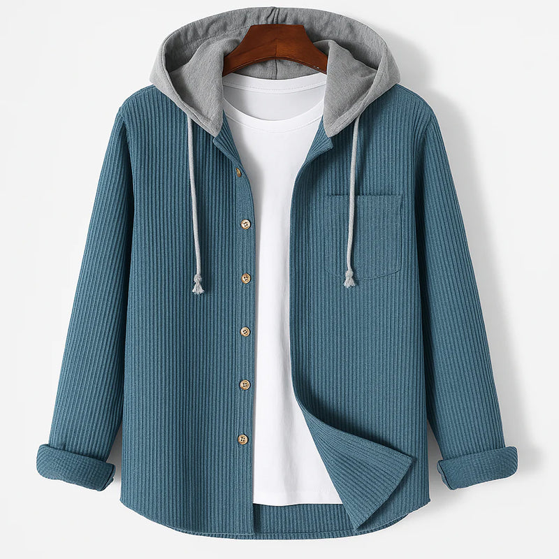 Herrars avslappnade overshirt i manchesterstil med huva, perfekt som trendig vår- eller höstjacka.