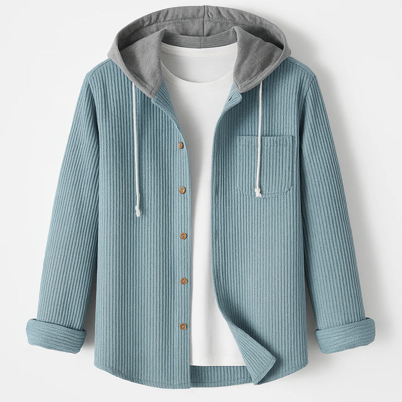 Avslappnad herrjacka i manchesterstil, en trendig overshirt med huva för casual lagerpålager.