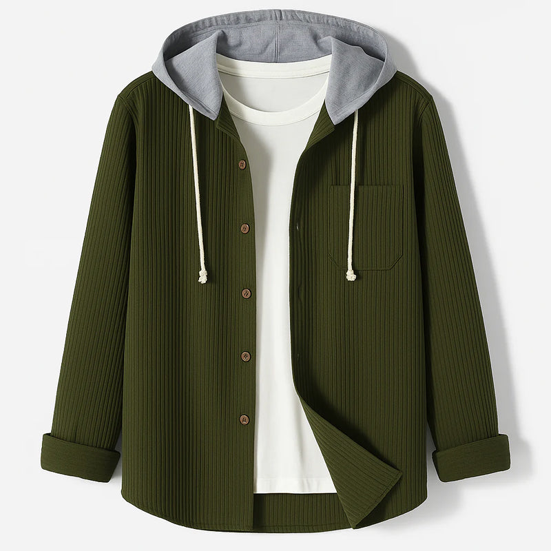 Trendig herr-overshirt i mjuk manchesterstil med praktisk huva, ett mångsidigt ytterplagg.