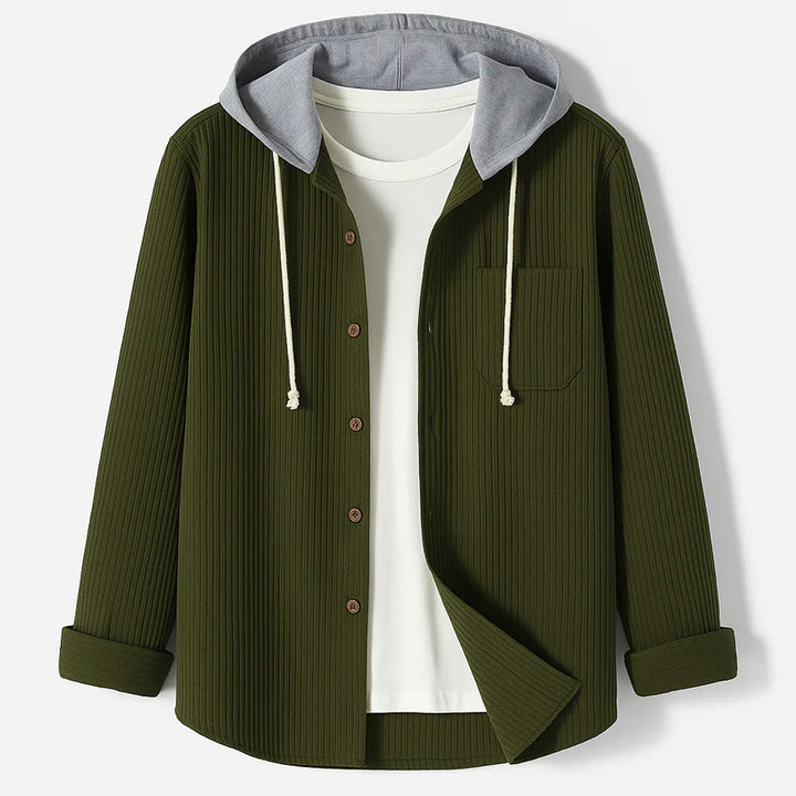 Trendig herr-overshirt i mjuk manchesterstil med praktisk huva, ett mångsidigt ytterplagg.