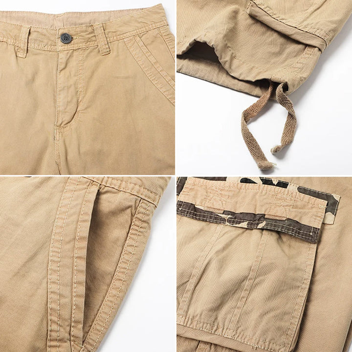 Herrars cargoshorts i safari-stil, vikta förpackning, redo för sommarsemester och äventyr med stil.