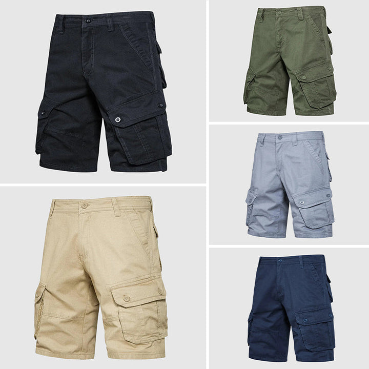 Närbild på praktiska cargofickor på herrars shorts. Rymliga sidofickor för förvaring under utomhusaktiviteter.