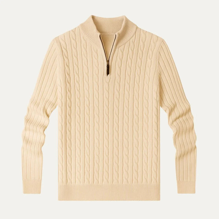 Värmande vintertröja för herrar, kabelstickad design med hög hals för en stilfull look.