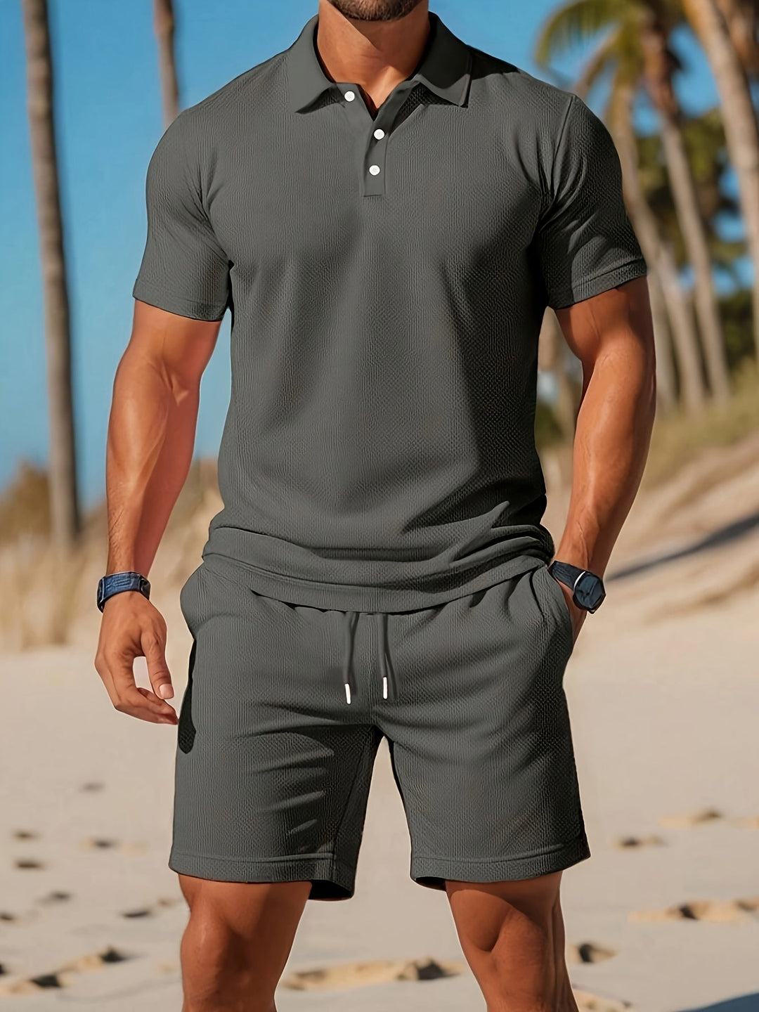Herr polo-shirt och shorts set, matchande i en stilren sommarlook. Bekväm och modern design.