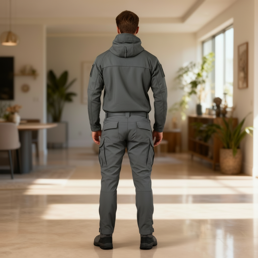 Man i svart termisk herr funktionsoutfit. Vinterkläder för vandring, löpning och aktiva utomhusdagar.