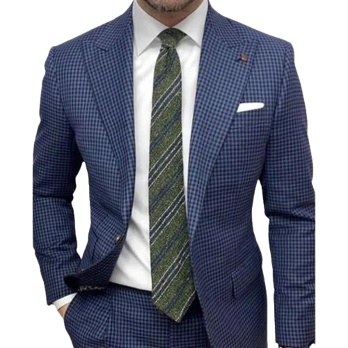 Elegant blå herrjacka, vändbar sportkappa med randig sida. Perfekt för vår och höst, en mångsidig herrkappa.