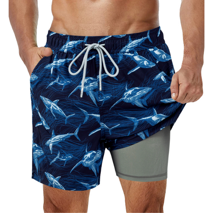 Herrbadshorts 2-i-1 med fickor, snabbtorkande, för strand och sport, blå/svart