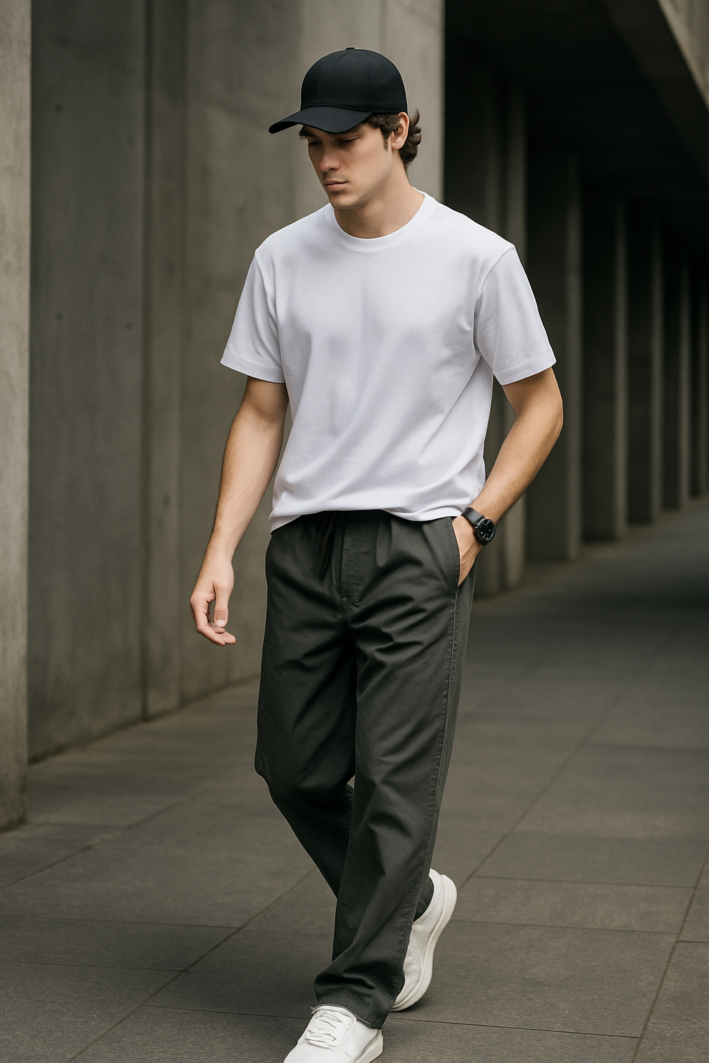 Modell bär bekväma herrbyxor i khaki, rakaben, med hands i fickor för en ledig stil.