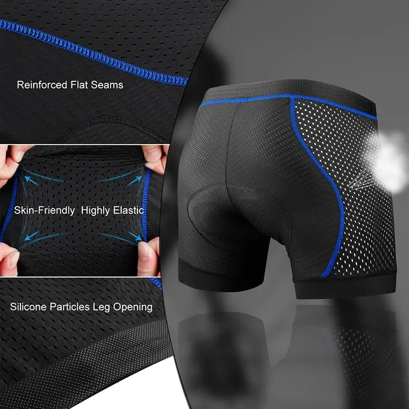 Andningsbara herrcykelbyxor i polyester/spandex med 5D-polstring, perfekt för långa och svettiga cykelpass.