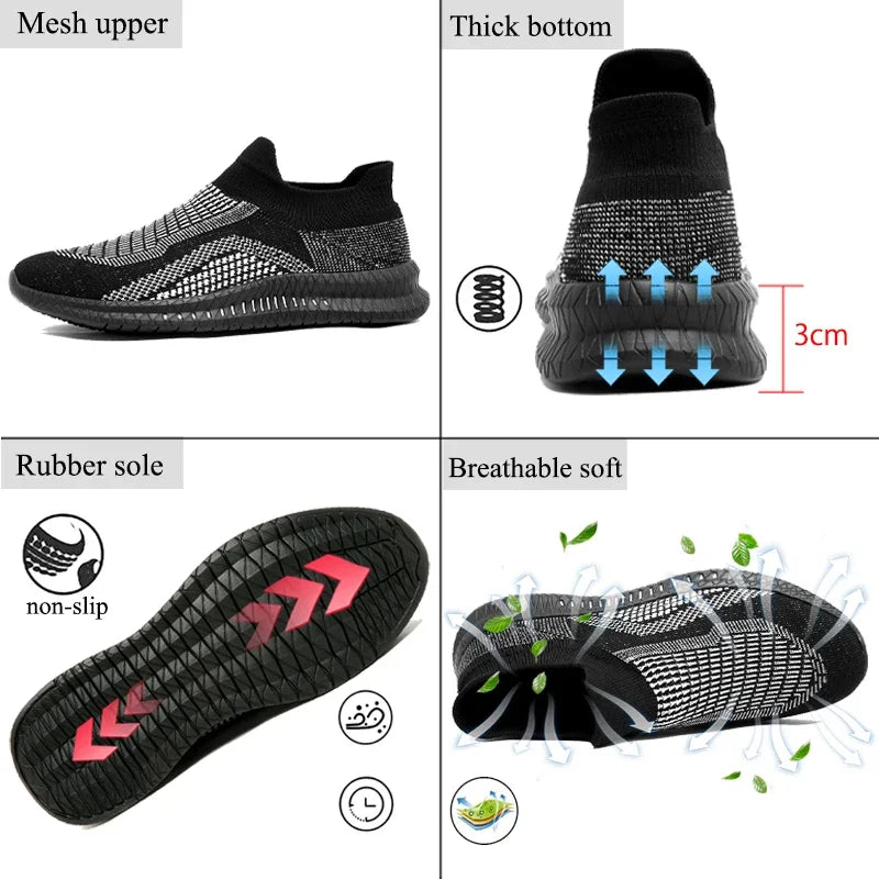 Detaljbild av andningsbara materialet på herrens lätta slip-on fritidsskor, för optimal komfort utomhus.
