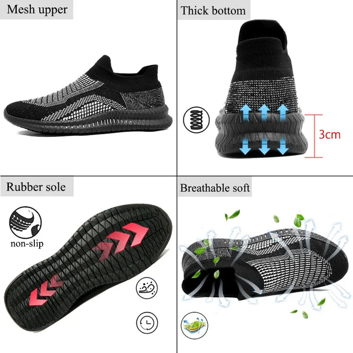 Detaljbild av andningsbara materialet på herrens lätta slip-on fritidsskor, för optimal komfort utomhus.