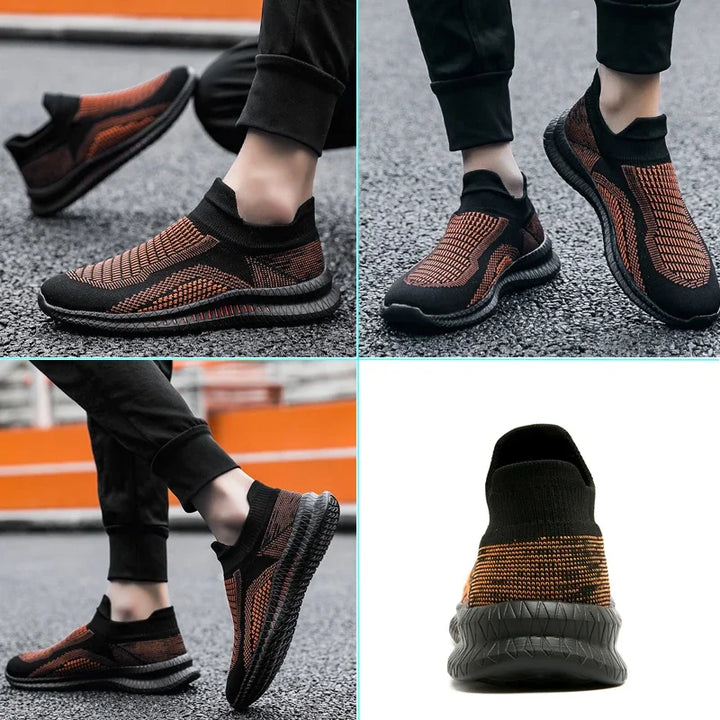 Herrskor på fot. Bekväma, lätta slip-on vandringsskor för män, perfekta för utomhusaktiviteter och fritid.