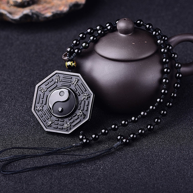 Glänsande obsidianhalsband med Yin Yang-symbol, herraccessoar för energi & jordning.