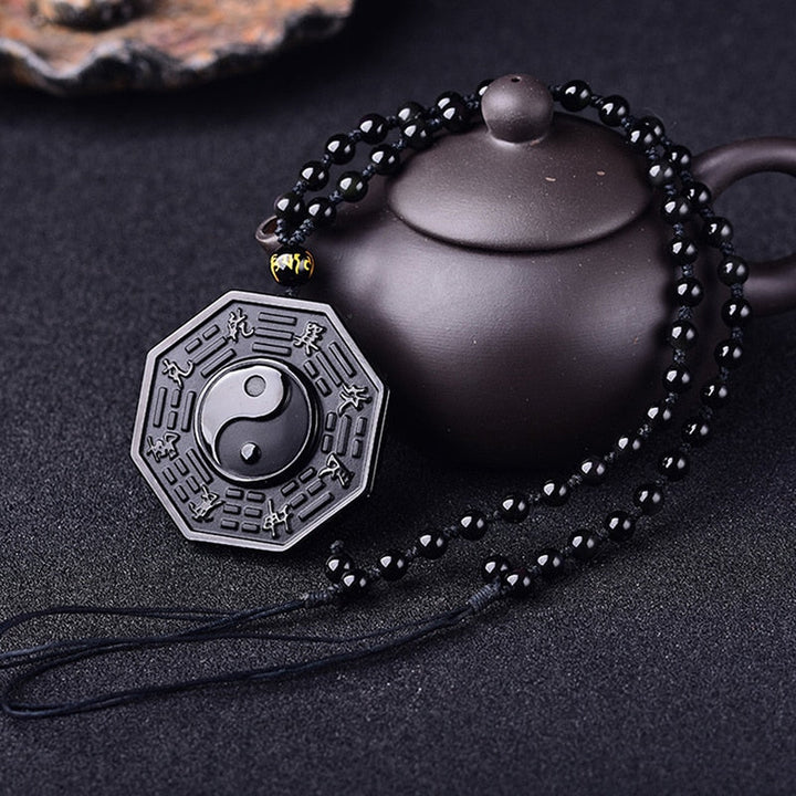 Glänsande obsidianhalsband med Yin Yang-symbol, herraccessoar för energi & jordning.