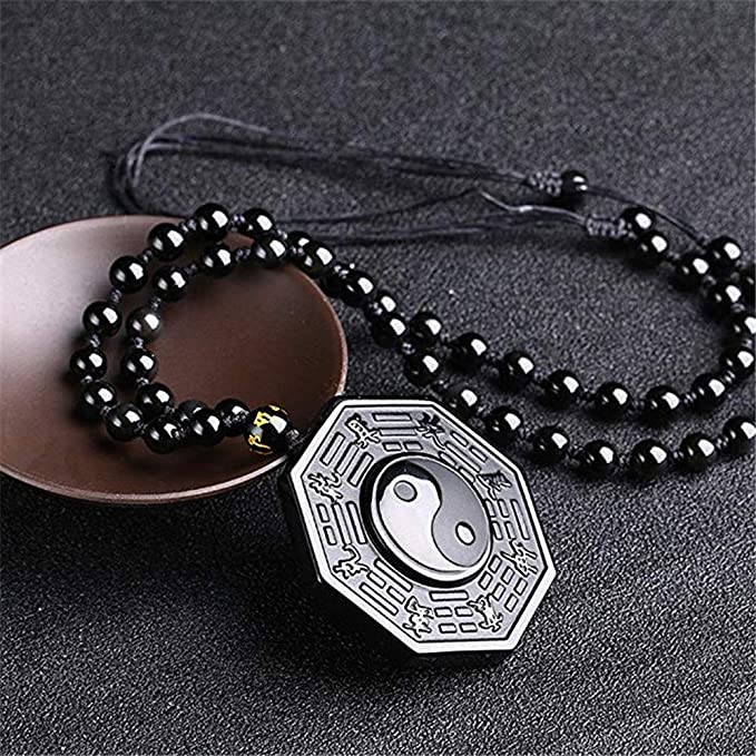Djupsvart obsidianhalsband för män, med klassisk Yin Yang-symbol, för jordning.