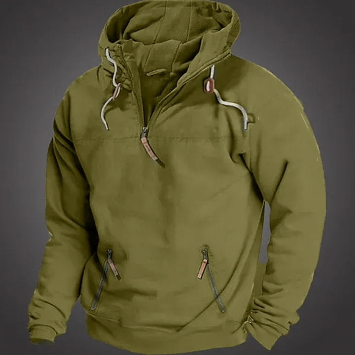 Långärmad herrhoodie med halv dragkedja. Stilren luvtröja för herrkläder och avslappnad vardag.