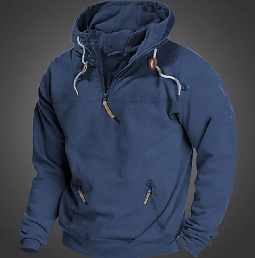 Casual herrhoodie, långärmad luvtröja med halv dragkedja. Bekväm och mångsidig tröja för vardag.