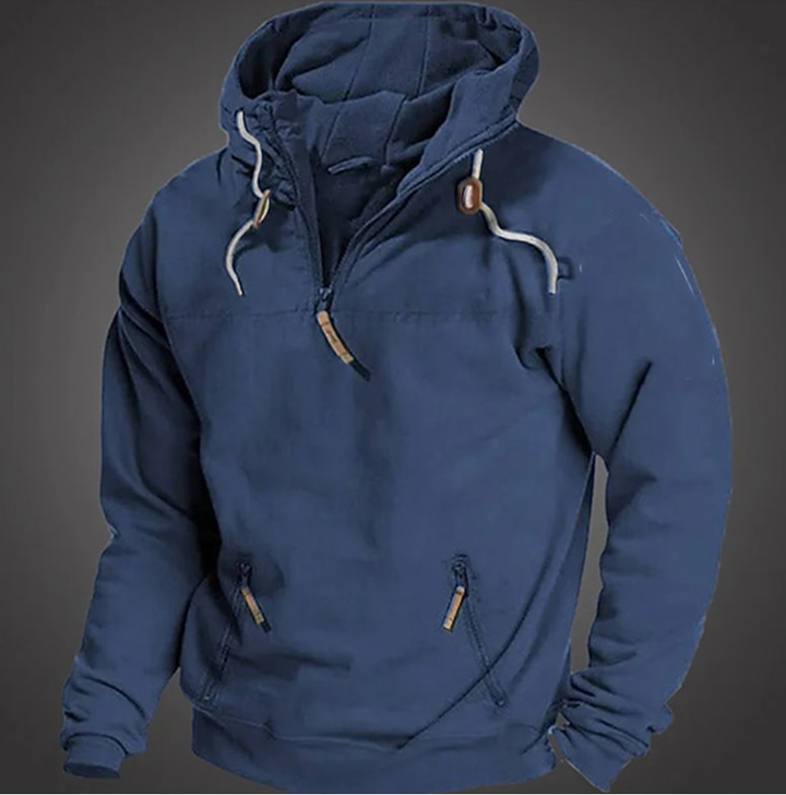Casual herrhoodie, långärmad luvtröja med halv dragkedja. Bekväm och mångsidig tröja för vardag.