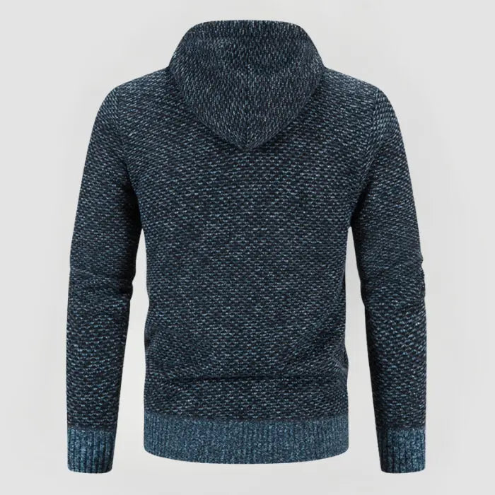 Blå herrtröja med huva, modern design för män. Bekväm och minimalistisk huvtröja i bomull.