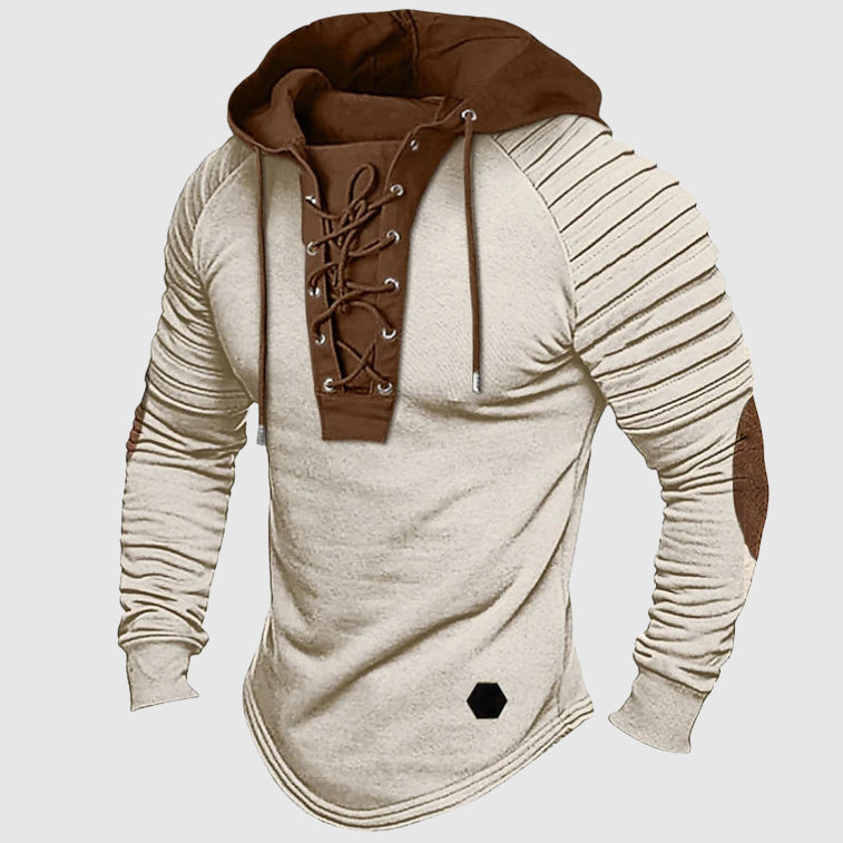 Bekväm herrhuvtröja med snörning, mångsidig för alla äventyr. Casual stil för höst- och vårkläder.