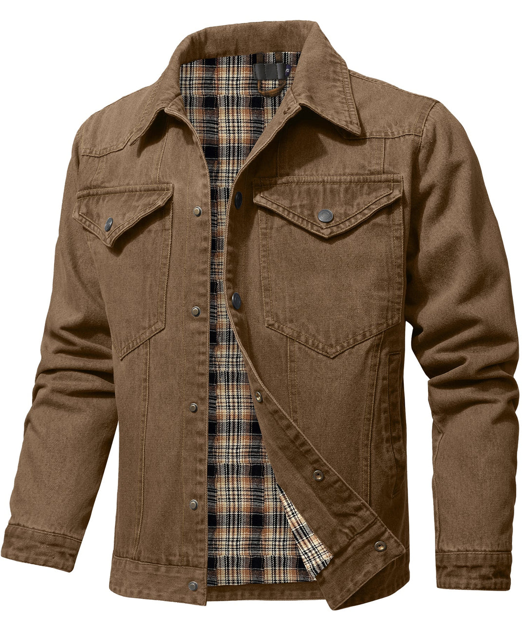 Detaljbild på herrjackans slitstarka tyg i denimstil. Fickor och knappar på en robust höst-/vinterjacka.