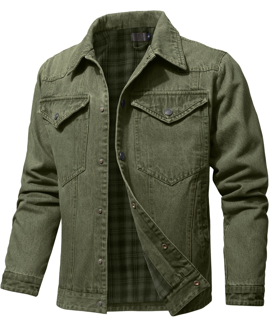 Ryggbild av herrjacka i denimstil, perfekt som varm höstjacka och vinterjacka för män. Mångsidigt ytterplagg.