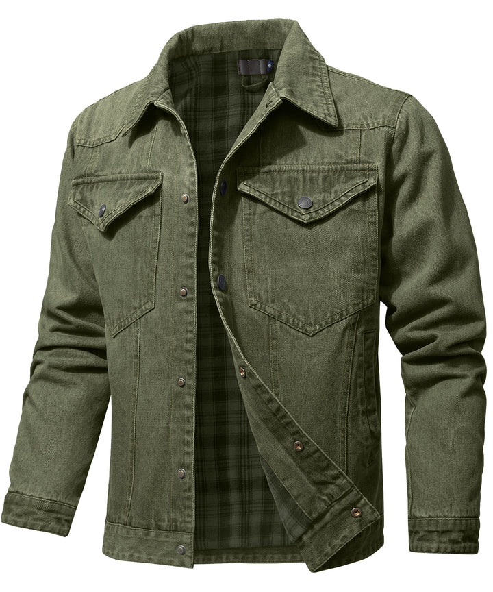 Ryggbild av herrjacka i denimstil, perfekt som varm höstjacka och vinterjacka för män. Mångsidigt ytterplagg.