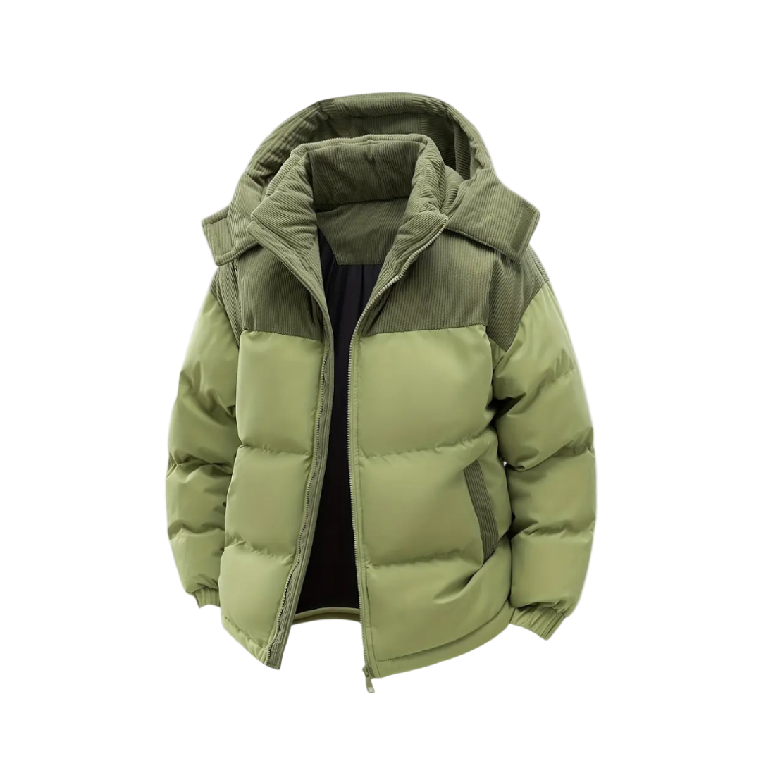 Herrjacka puffer med huva i svart färg, idealisk för kalla vinterdagar, modern stil.