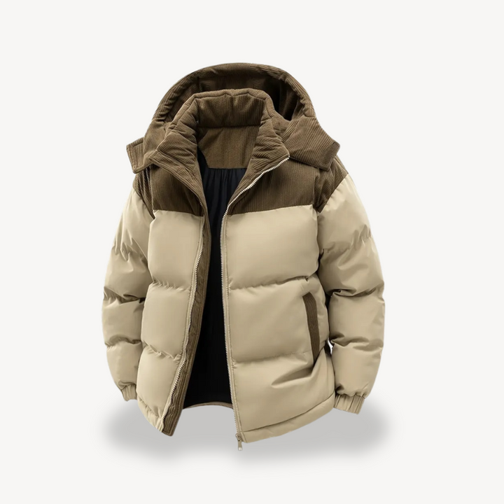 Varm pufferjacka för män i marinblått med avtagbar huva, perfekt ytterplagg för höst och vinter.