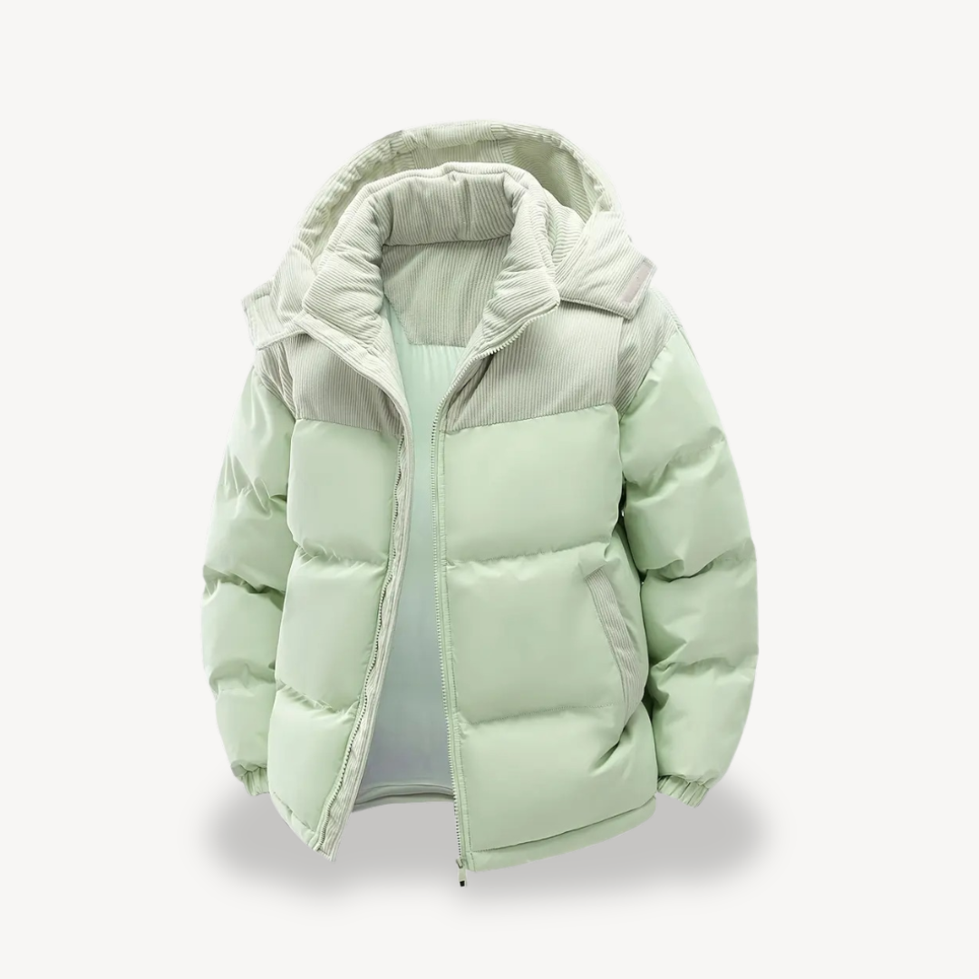Grå herr-pufferjacka med huva stängd dragkedja, bekväm och modern vardagsjacka.
