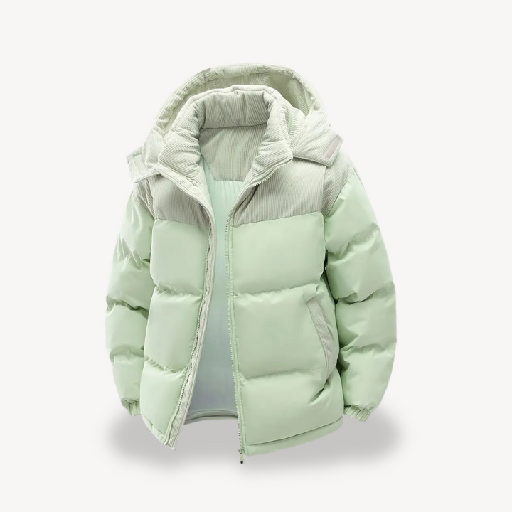 Grå herr-pufferjacka med huva stängd dragkedja, bekväm och modern vardagsjacka.