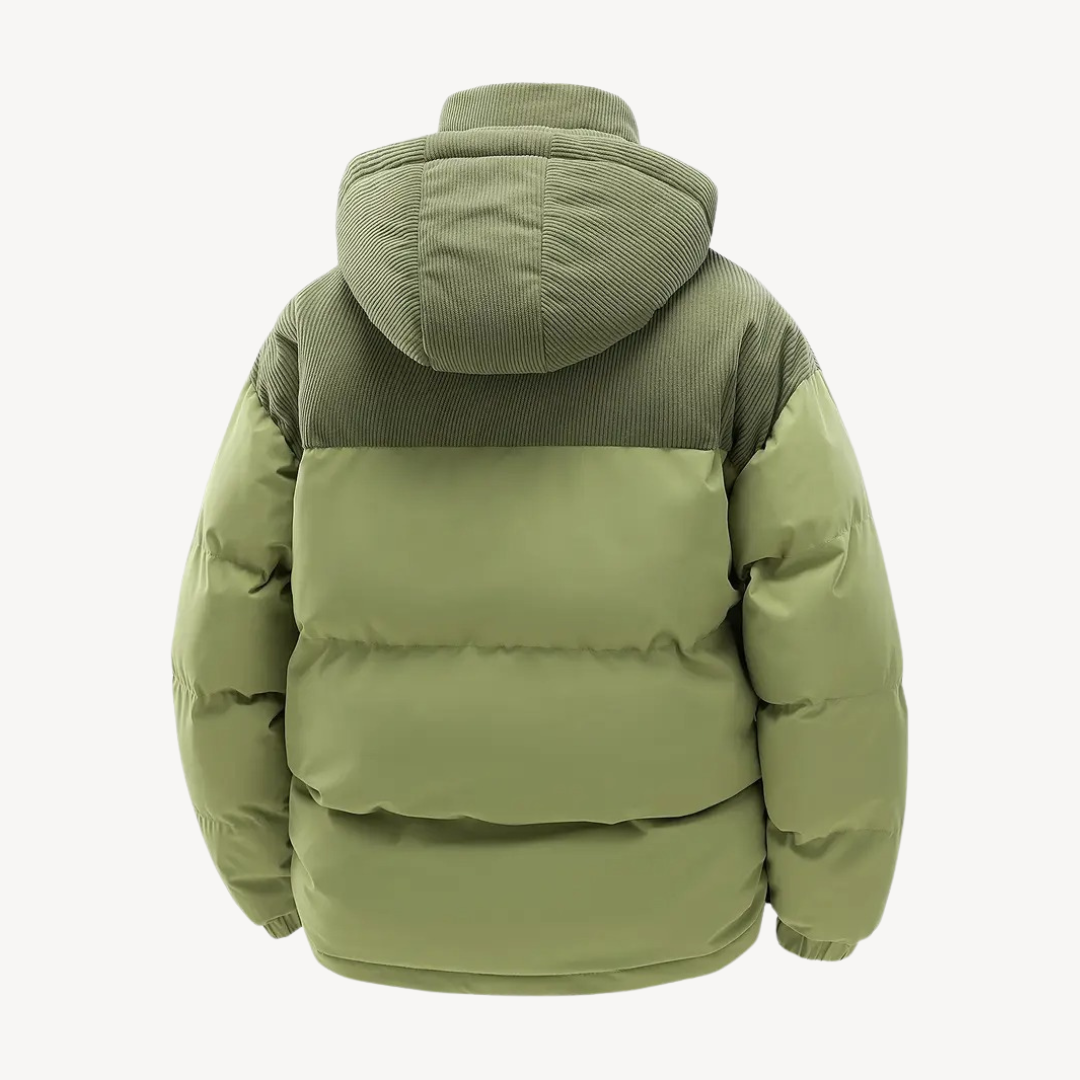Pufferjacka för män med huva detaljer, praktiska fickor och dragkedja, slitstark och varm.
