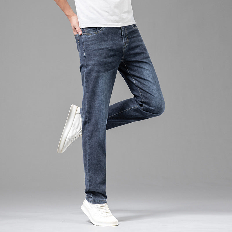 Urban komfortjeans för män, hög midja och rak passform, idealiska för vardagsbruk.