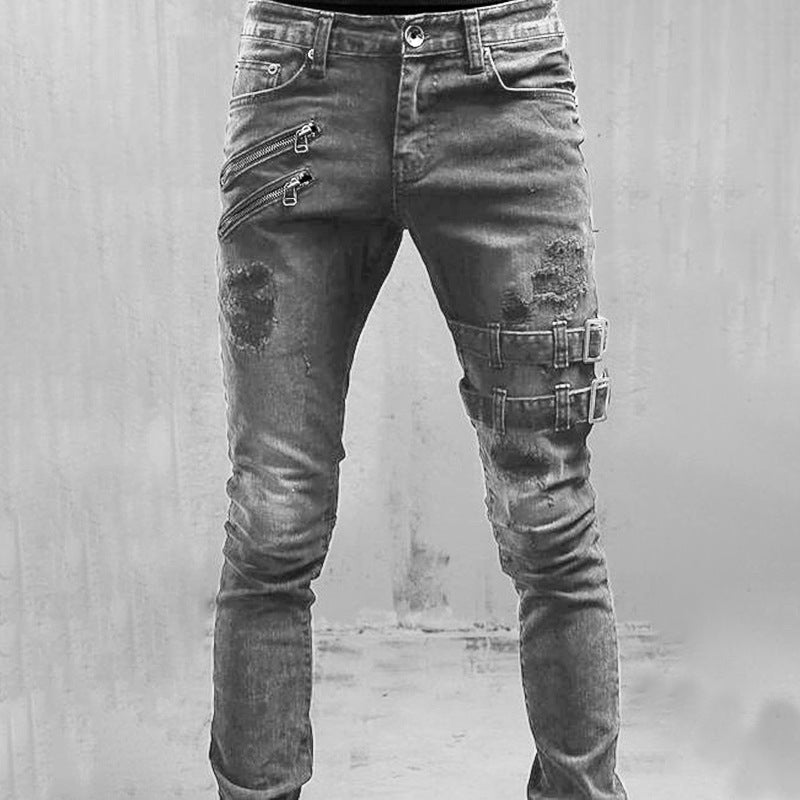 Gråa herrjeans slim fit, hög midja och ribbade detaljer. Stilrena och bekväma jeans för herr.