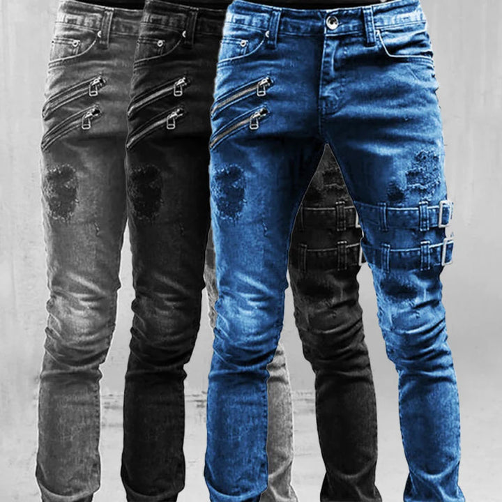 Svarta slimfit herrjeans med hög midja. Modern design, ribbade detaljer. Perfekta herrkläder.