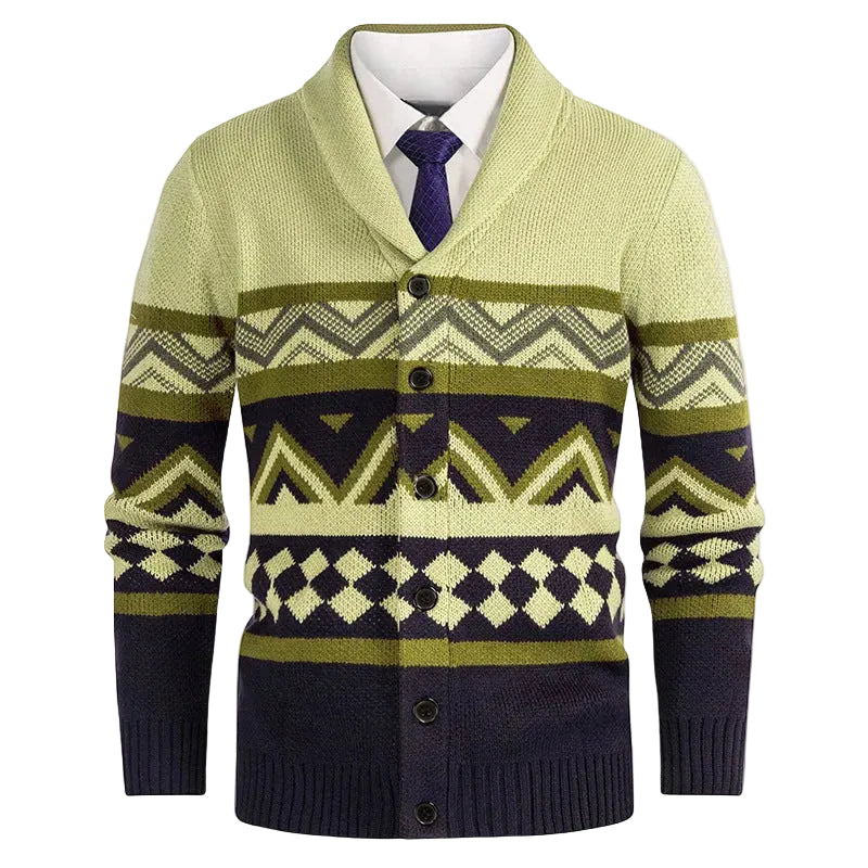 Herrkofta i stickad cardigan med geometriskt mönster & sjalkrage. Perfekt för höst- och vintermode.