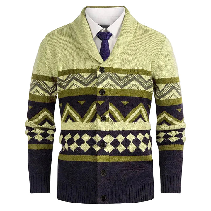 Herrkofta i stickad cardigan med geometriskt mönster & sjalkrage. Perfekt för höst- och vintermode.
