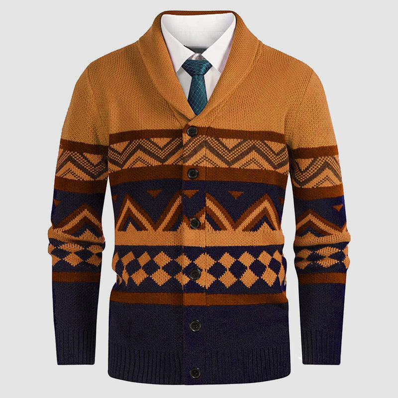 Elegant herrkofta, stickad cardigan med unikt geometriskt mönster, sjalkrage & knappar. Casual höststil.